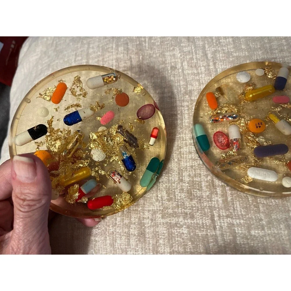 Vintage Clear Lucite Fun Pill & Gold leaf Drinks Coasters Great Gift Barware